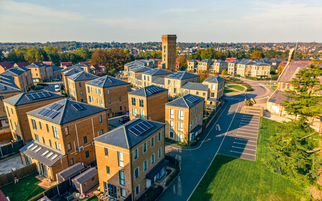 Aerial view of housing estate in Coulsdon, UK